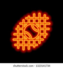 Tennis ball and grid, sport game, outline linear icon. Orange neon style on black background. Light icon