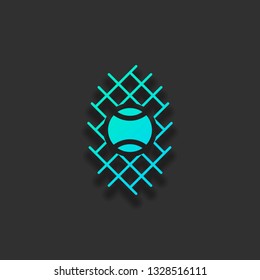 Tennis ball and grid, sport game icon. Colorful logo concept with soft shadow on dark background. Icon color of azure ocean