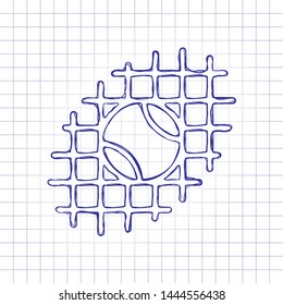 Tennis ball and grid, sport game, outline linear icon. Hand drawn picture on paper sheet. Blue ink, outline sketch style. Doodle on checkered background