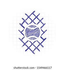 Tennis ball and grid, sport game icon. Hand drawn sketched picture with scribble fill. Blue ink. Doodle on white background