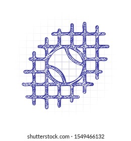 Tennis ball and grid, sport game, outline linear icon. Hand drawn sketched picture with scribble fill. Blue ink. Doodle on white background