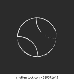 Tennis ball hand drawn in chalk on a blackboard vector white icon isolated on a black background.