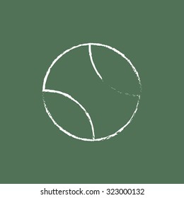 Tennis ball hand drawn in chalk on a blackboard vector white icon isolated on a green background.