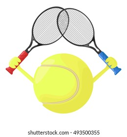 Tennis ball with hands. Keeps two rackets. Vector illustration isolated on white background. Sport illustration.