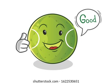 tennis ball happy good thumbs up cute chibi cartoon with bubble. cartoon mascot vector