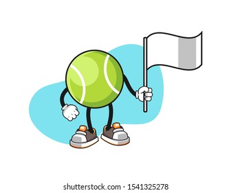 Tennis ball hold white flag cartoon. Mascot Character vector.