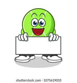 tennis ball holding board mascot vector cartoon illustration