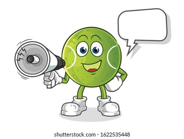 tennis ball holding handy loudspeaker with bubble cartoon. cartoon mascot vector