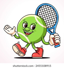 Tennis ball holding tennis racket, cartoon mascot