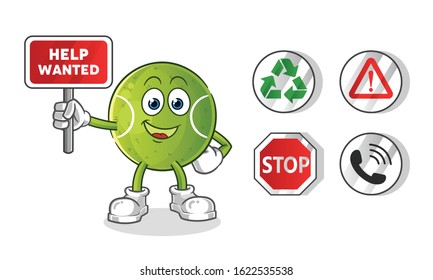 tennis ball holding sign cartoon. including recycling sign, caution, stop, telephone. cartoon mascot vector