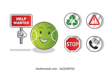 tennis ball holding sign cute chibi cartoon. including recycling sign, caution, stop, telephone. cartoon mascot vector