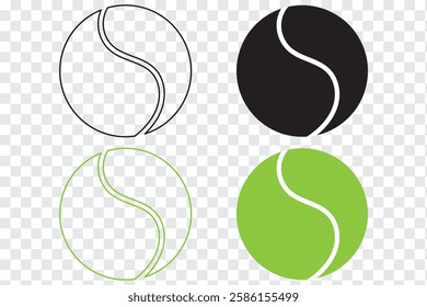 Tennis ball icon. Set with tennis balls vector icons. Tennis balls Green, black and yellow collection. Sport game. Tennis ball. Sport concept. Sports, fitness, activity. Vector illustration.