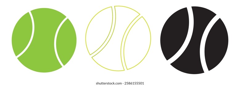 Tennis ball icon. Set with tennis balls vector icons. Tennis balls Green, black and yellow collection. Sport game. Tennis ball. Sport concept. Sports, fitness, activity. Vector illustration.