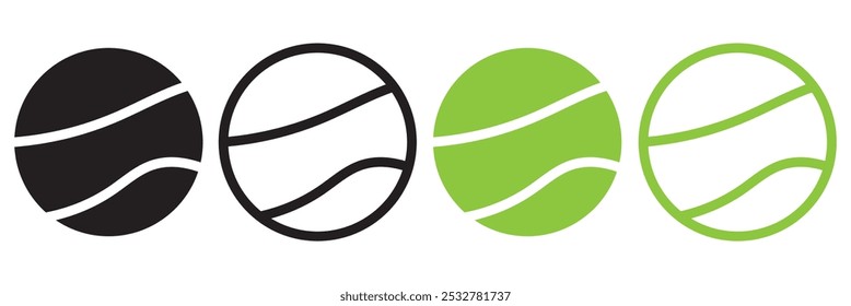 Tennisball-Icon-Set. Tennisball, flacher Vektorsatz. Grüner und schwarzer Tennisball mit Linienstil. Tennisballset einzeln auf weißem Hintergrund. Vektorillustrator.