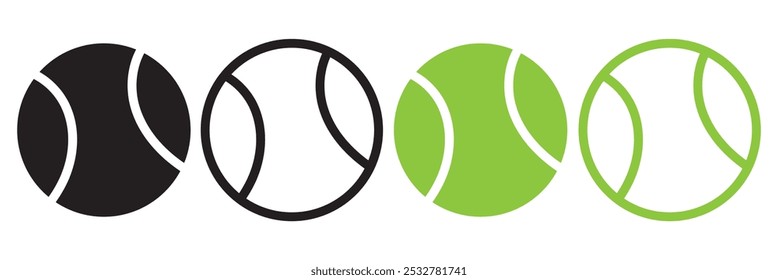 Ícone de bola de tênis definido. Jogo de vetor plano de bola de tênis. Bola de tênis verde e preto com estilo de linha. Bola de Tênis conjunto isolado em fundo branco. Ilustrador de vetor.