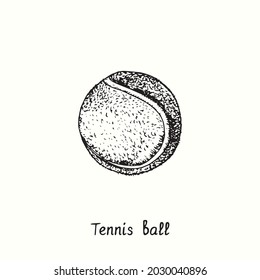 Tennis ball. Ink black and white doodle drawing in woodcut style.
