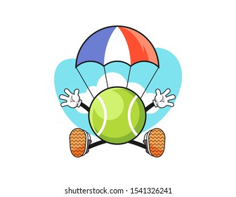 Tennis ball jumping parachute cartoon. Mascot Character vector.