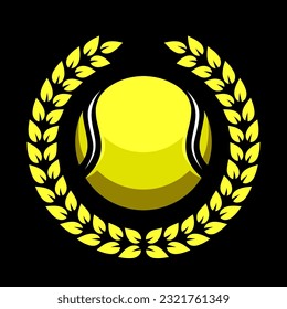 Tennis ball and laurel wreath. Sport games. Sporting equipment. Emblem, badge.