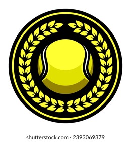 Tennis ball and laurel wreath. Sport games. Sporting equipment. Emblem, badge.