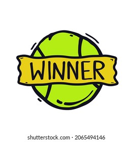 Tennis ball logo icon sign Winner emblem Winner lettering sticker ribbon Victory symbol pin badge Hand drawn Sport design Fashion print clothes apparel greeting invitation card cover flyer poster ad