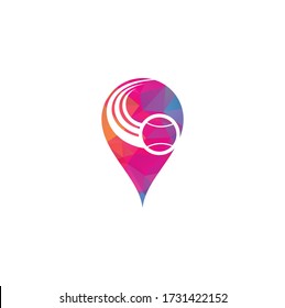 Logo del concepto del pin de forma del mapa de bola de tenis. Diseño del logo del tenis.