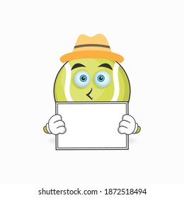 Tennis ball mascot character holding a white blackboard. vector illustration