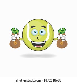 Tennis ball mascot character holding money. vector illustration