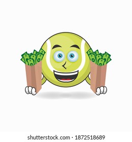 Tennis ball mascot character holding money. vector illustration