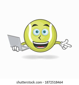 Tennis ball mascot character with laptop in right hand. vector illustration