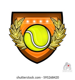 Tennis ball in the middle of gold wreath in center of shield. Sport logo for any team or competition isolated on white