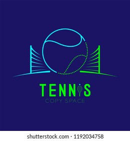 Tennis ball with net logo icon outline stroke set dash line design illustration isolated on dark blue background with Tennis text and copy space, vector eps 10