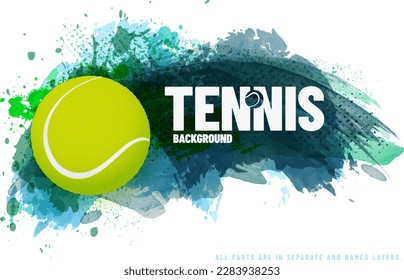 Tennis ball on abstract background made of paint splashes and grungy texture - vector illustration