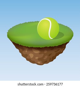 Tennis ball on field of floating planet/island.