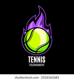 Pelota de tenis sobre fondo de fuego. Equipo o emblema colorido del torneo sobre fondo negro. Diseño en un estilo de arte gráfico, Ilustración vectorial