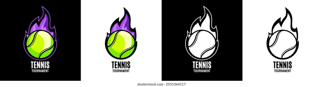 Tennis ball on fire background. Team or tournament colorful symbol or emblem on black background. Design in a graphic art style, Vector illustration