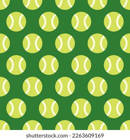 Tennis ball on green background. Abstract seamless pattern. Vector illustration.