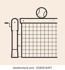 Tennis Ball is on the net after clipping, deciding which side of the tennis court will land on. Funny tennis ball, net mesh, posts, top net, base and tensor handle, vector outline icon.