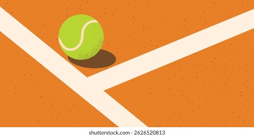 Tennis ball on red clay court, top view. Flat clean vector. Sport background for banners, match posters, web design.