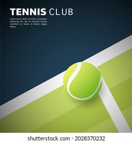 Tennis ball on white line on tennis green court vector with copy space foe text, Modern design, isolated on blue background, illustration Vector EPS 10, can use for tennis Championship Logo