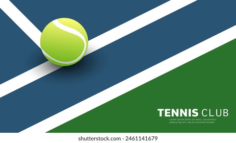 Pelota de tenis en línea blanca en el Vector de la pista verde del tenis con el espacio de copia para el texto, ilustración de la pista interior para el concepto deportivo del tenis, Ilustración vectorial EPS 10