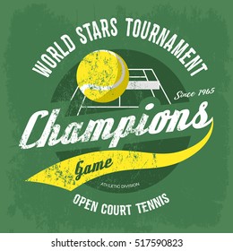 Tennis ball over court with net for t-shirt print. Sport gear banner or sportswear logo, shirt for sportsmen or athletic clothing, cloth branding. Sport club or center insignia, leisure theme