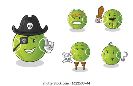 tennis ball pirate 5 styles cute chibi cartoon.  including eye patches, wooden swords, skulls and hooks. cartoon mascot vector