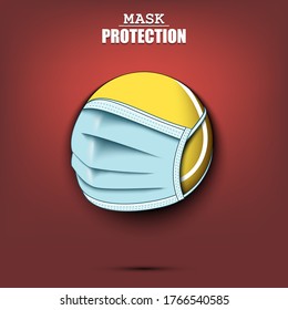 Tennis ball with a protection mask. Caution! wear protection mask. Risk disease. Cancellation of sports tournaments. Pattern design. Vector illustration