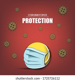 Tennis ball with a protection mask and cells coronavirus bacteriums. Stop covid-19 outbreak. Caution risk disease 2019-nCoV. Cancellation of sports tournaments. Pattern design. Vector illustration