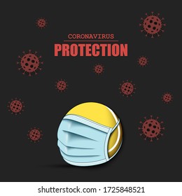 Tennis ball with a protection mask and cells coronavirus bacteriums. Stop covid-19 outbreak. Caution risk disease 2019-nCoV. Cancellation of sports tournaments. Pattern design. Vector illustration