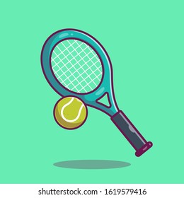 Tennis Ball With Racket Cartoon Vector Icon Illustration. Sport Object Icon Concept Isolated Premium Vector. Flat Cartoon Style