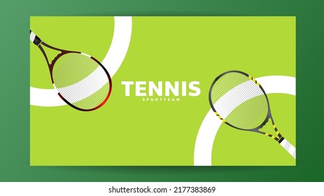 Tennis ball with Tennis racket in  the green tennis court with copy space for text , Illustrations for use in online sporting events , Illustration Vector  EPS 10