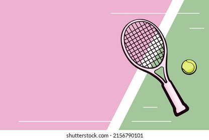 Tennis ball and racket icon on pink-green background. Vector illustration of elements of a tennis game. Business card, flyer