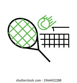Tennis ball and racket icon. Ball passing through the tennis net. This icon is the icon symbols of the tennis match. Sports competition icon set. Editable Stroke. Logo, web and app.