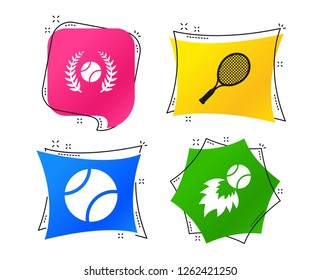 Tennis ball and racket icons. Fast fireball sign. Sport laurel wreath winner award symbol. Geometric colorful tags. Banners with flat icons. Trendy design. Vector